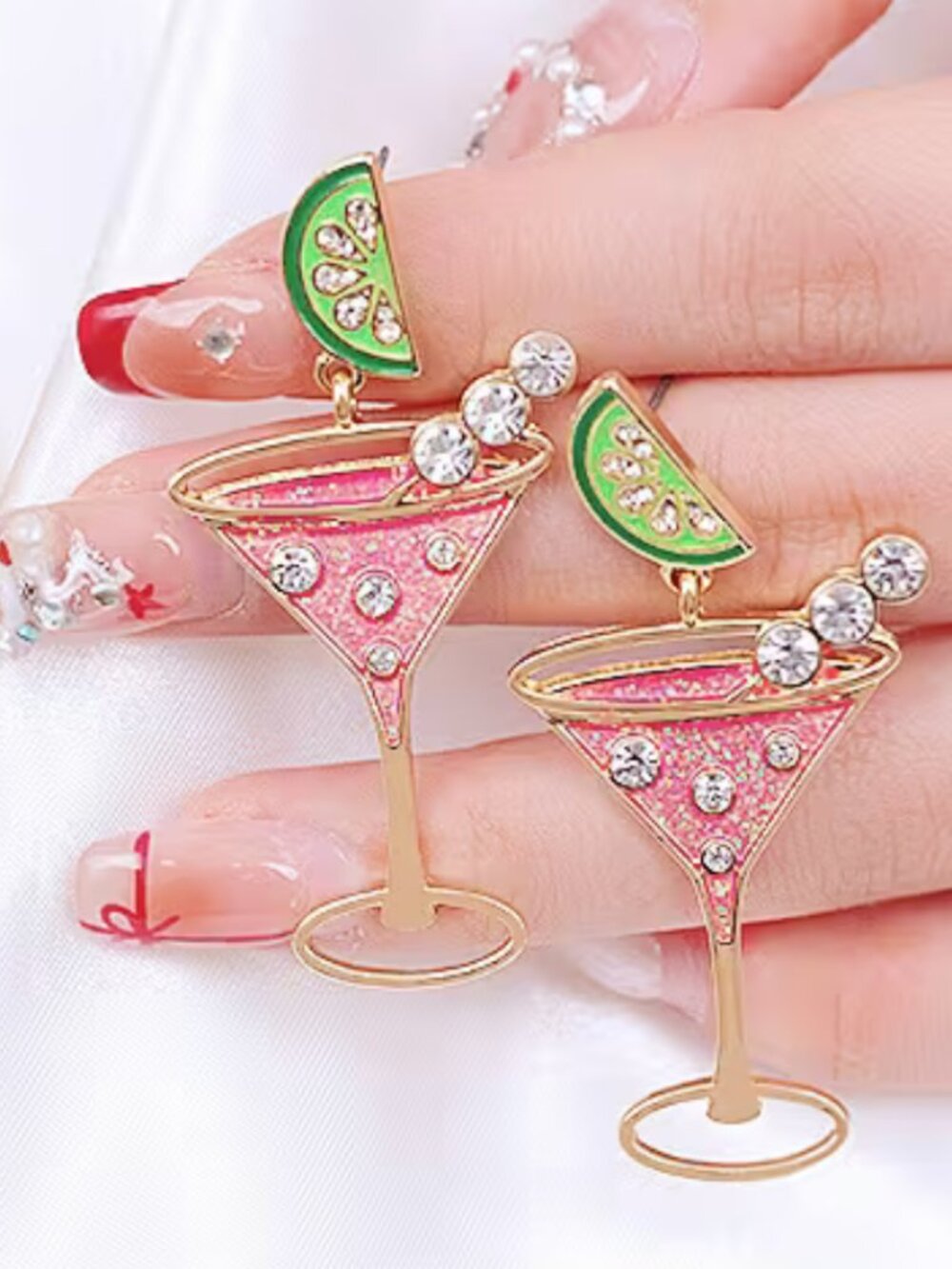 Pink Cocktail Martini Glass Drop Earrings Rhinestone Party Jewelry